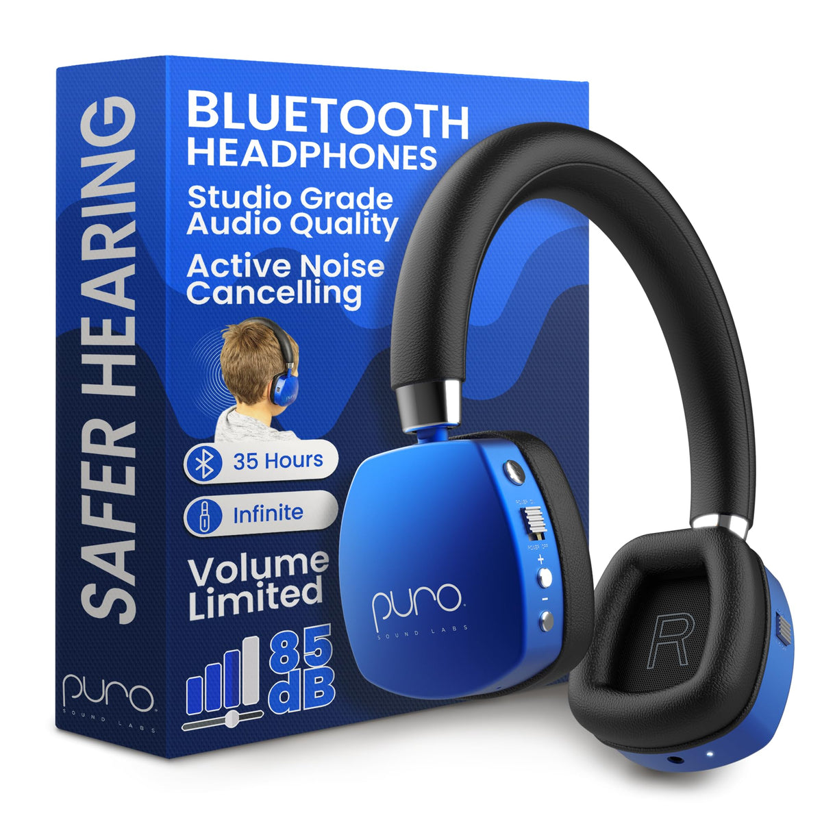 PuroQuiet Plus blue on-ear headphones for kids, comfortable all-day wear