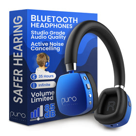 PuroQuiet Plus blue on-ear headphones for kids, comfortable all-day wear