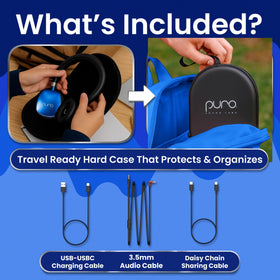 USB-C charging port on blue PuroQuiet Plus headphones for kids