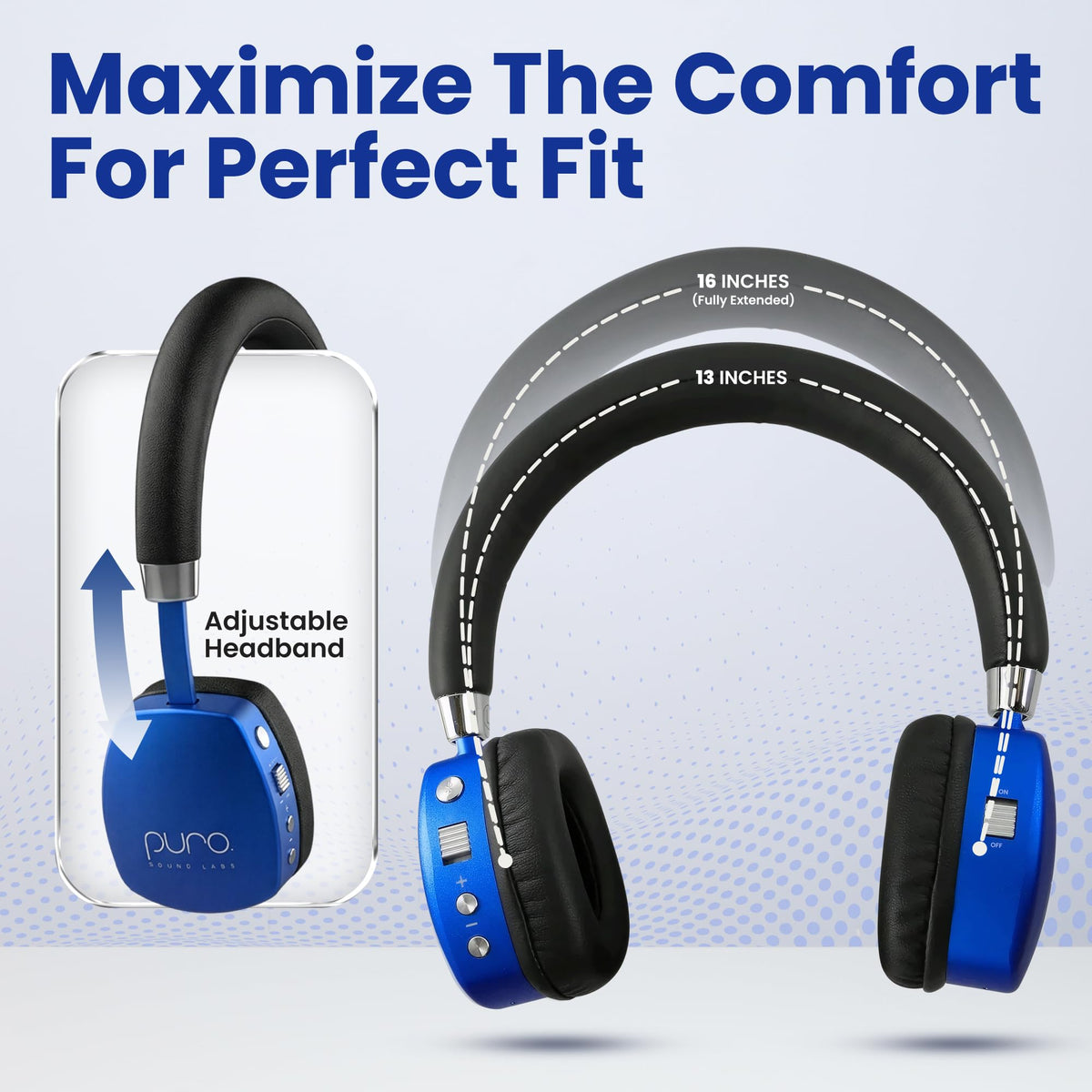 PuroQuiet Plus blue headphones in wired/wireless setup for kids