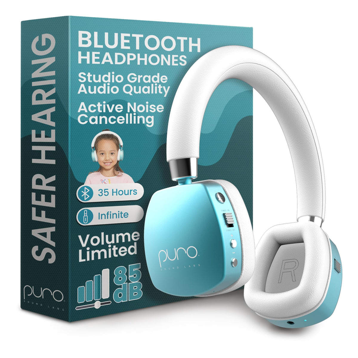 PuroQuiet Plus Teal headphones front view highlighting lightweight, kid-friendly design.