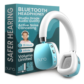 PuroQuiet Plus Teal headphones front view highlighting lightweight, kid-friendly design.