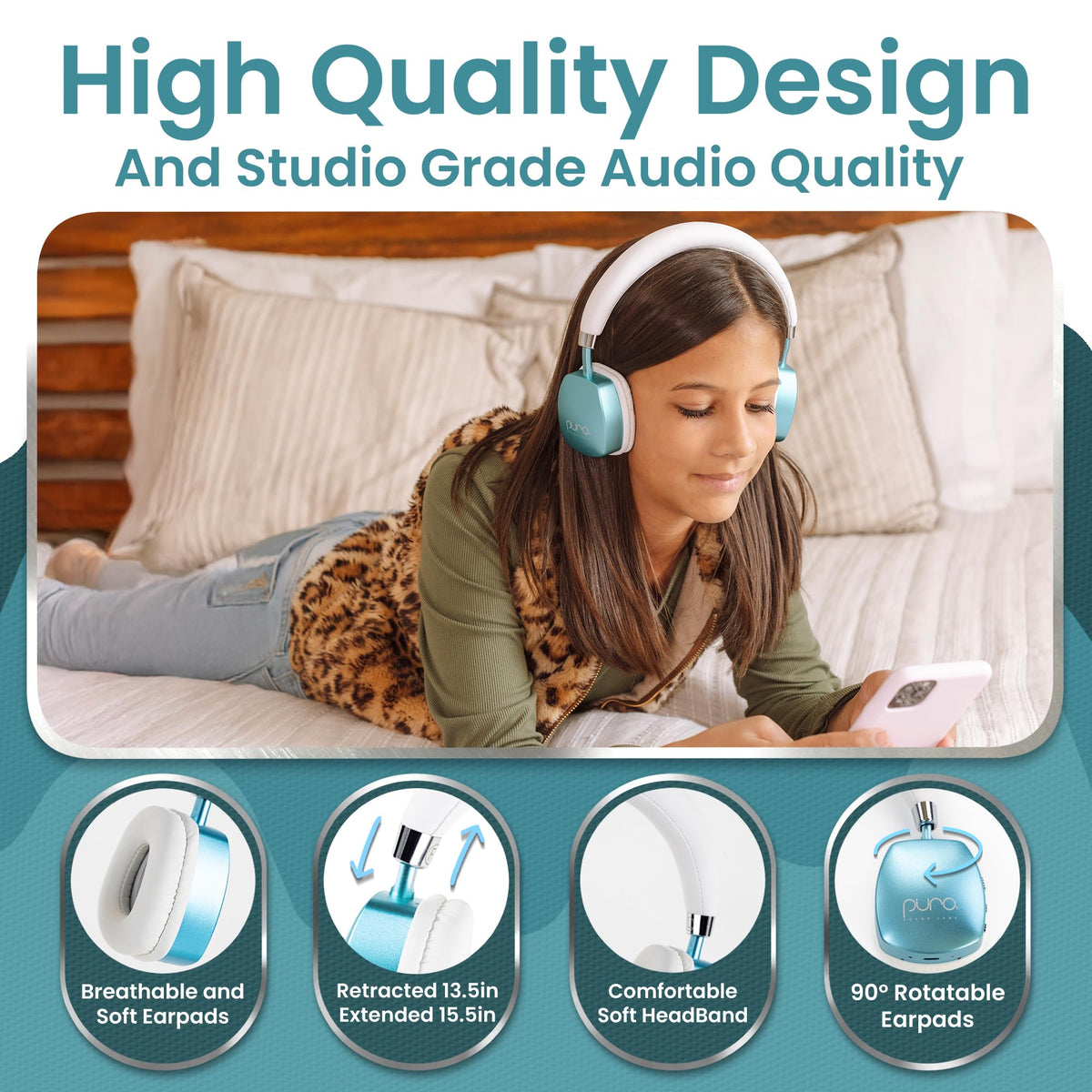 Close-up of built-in mic on PuroQuiet Plus Teal headphones for hands-free calls.