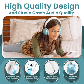 Close-up of built-in mic on PuroQuiet Plus Teal headphones for hands-free calls.
