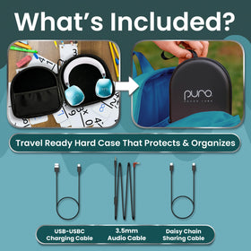 PuroQuiet Plus Teal headphones in protective travel case for safe storage.