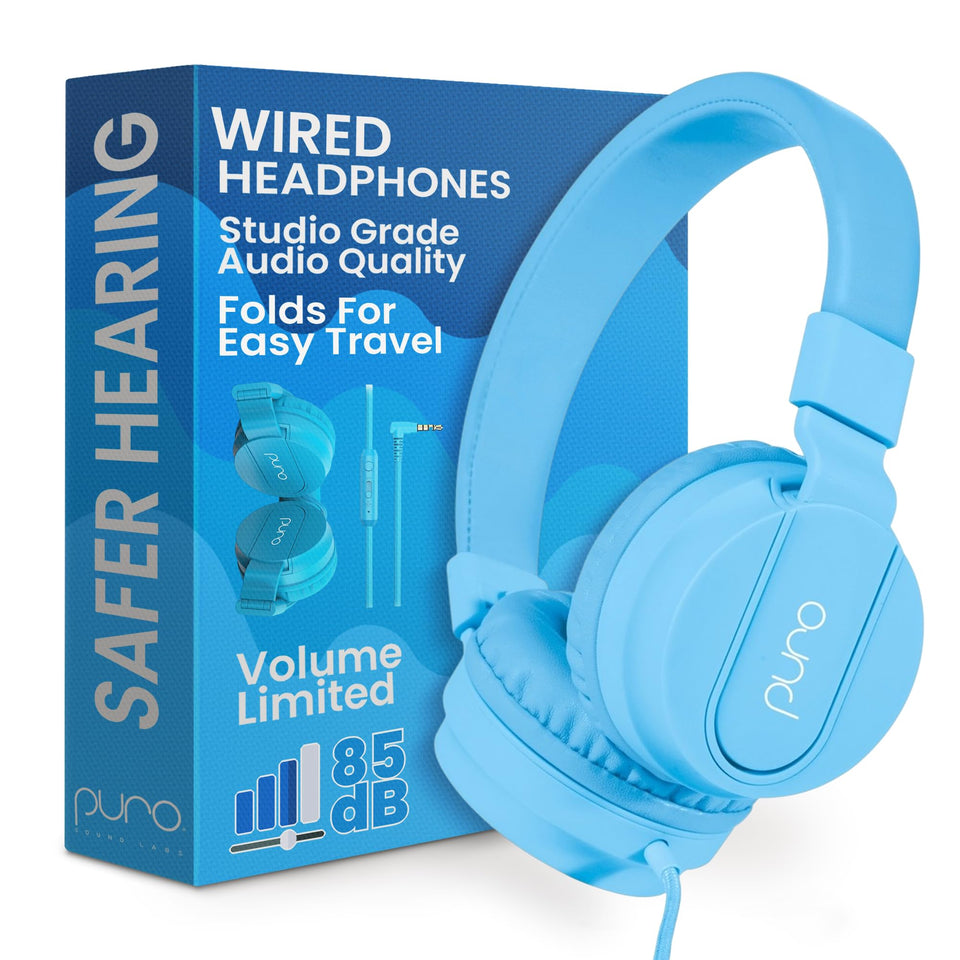 Puro Sound Labs front view of blue kids headphones showing compact profile and safe volume