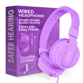 Puro Sound Labs purple headphones front view showing safe design and comfortable fit