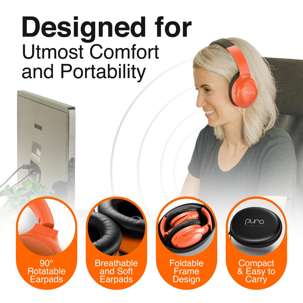 PuroPro headphones wired with 3.5mm jack for uninterrupted listening.