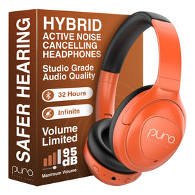PuroPro headphones close-up in orange finish, highlighting hybrid ANC and Hi-Res audio.