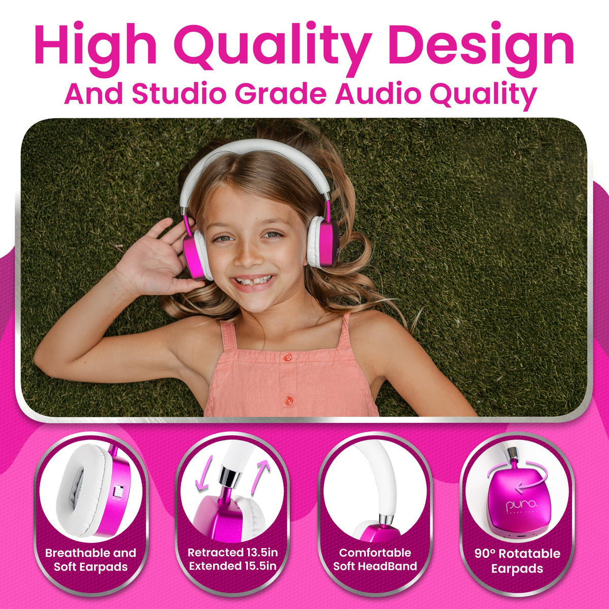 PuroQuiet Plus 35-hour battery life on pink headphones