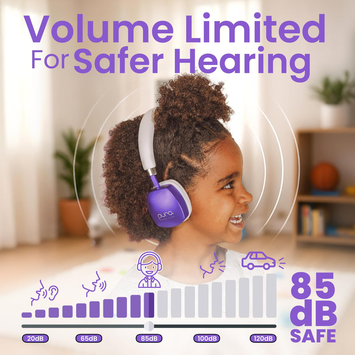 PuroQuiet Plus headphones show 35-hour battery life for travel and classroom use.