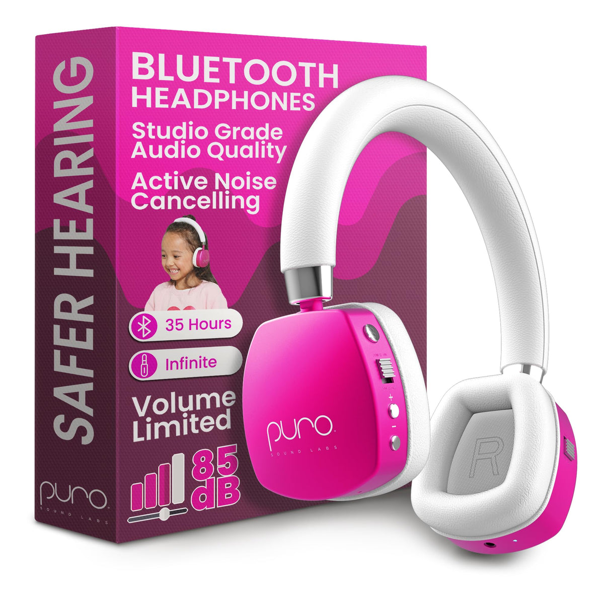 PuroQuiet Plus headphones front view pink, kid-friendly design for daily learning