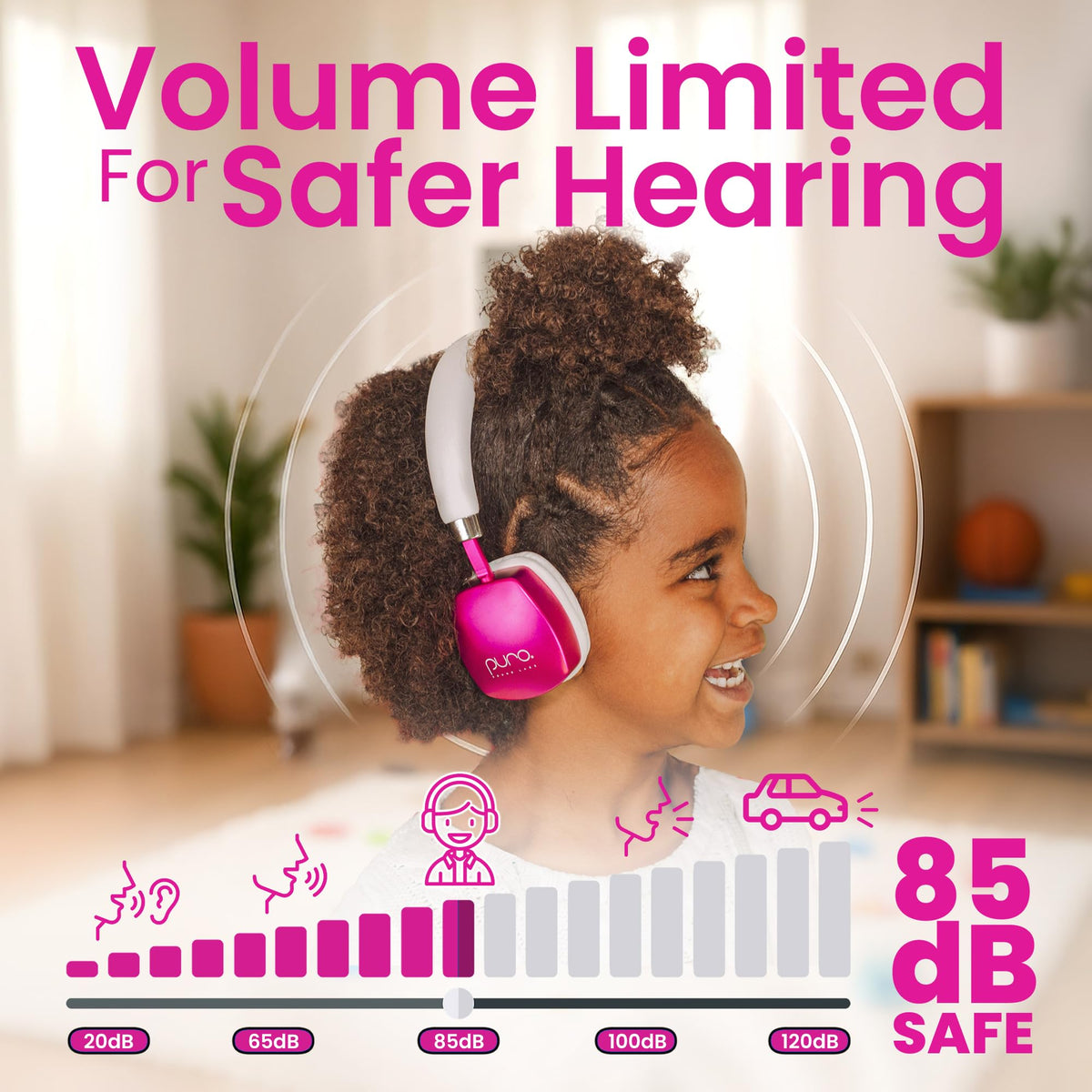 PuroQuiet Plus side view pink headphones show lightweight, on-ear fit