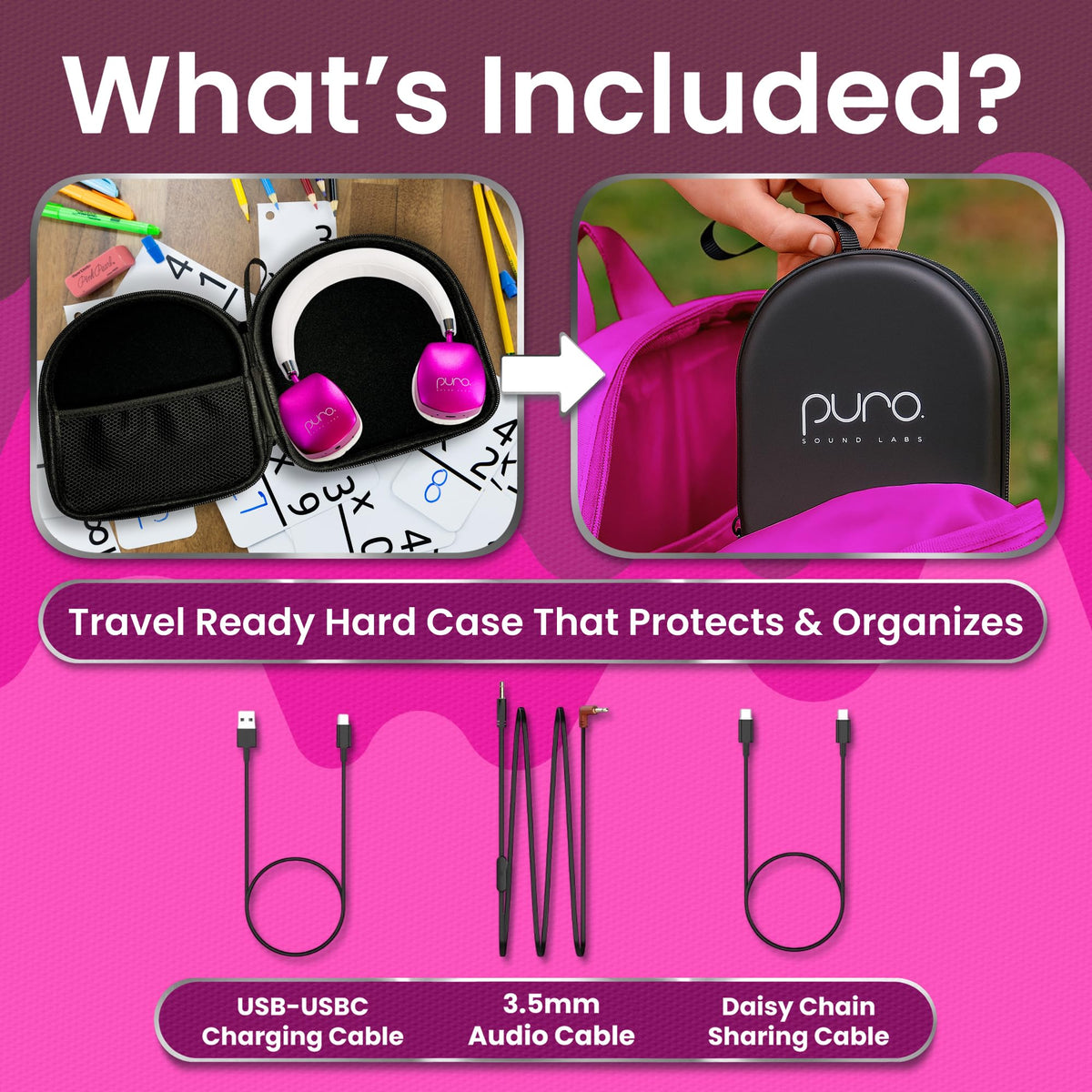 PuroQuiet Plus kids wearing headphones in classroom scenario pink