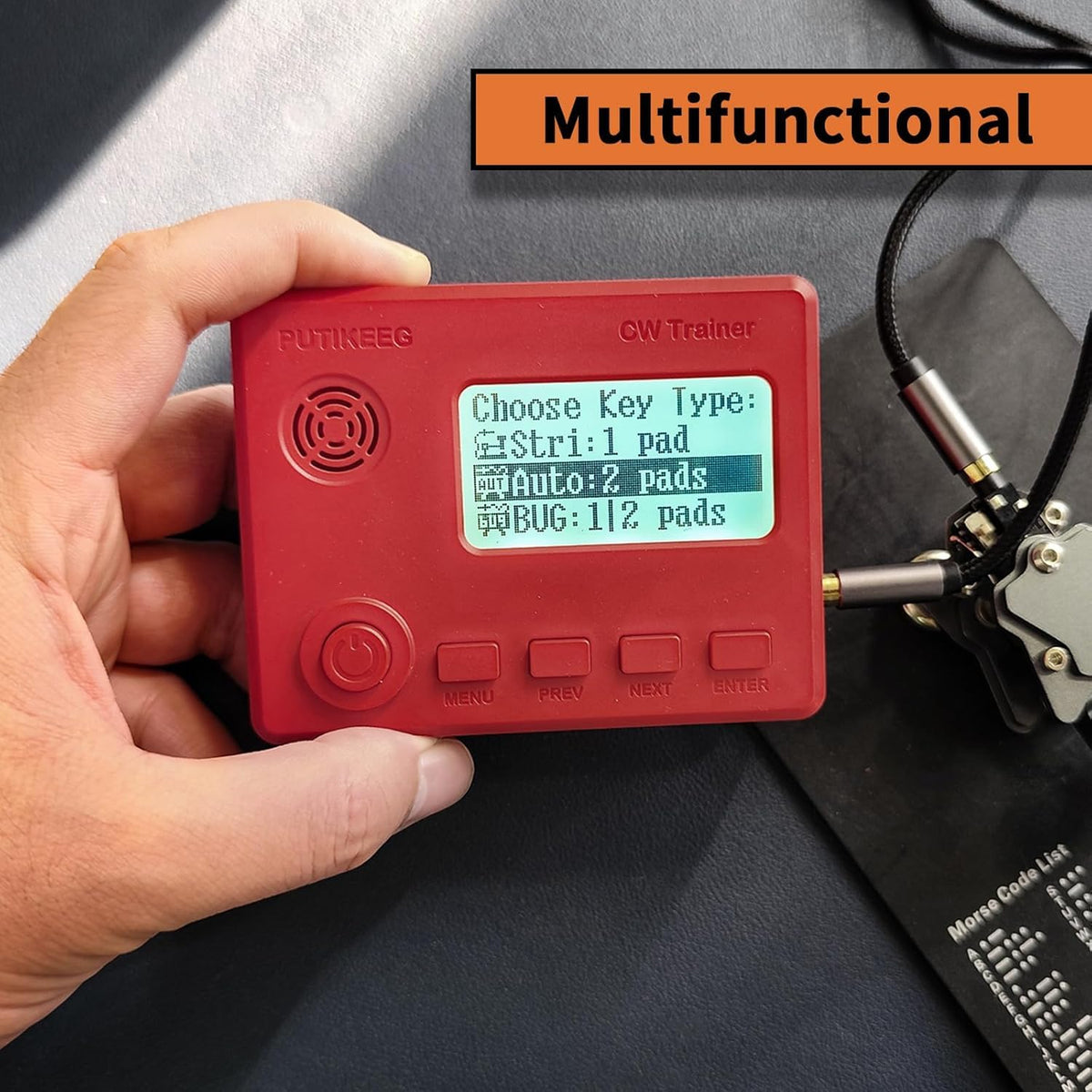 Putikeeg Mini CW Trainer phrases view with 58 phrases for quick Morse practice.