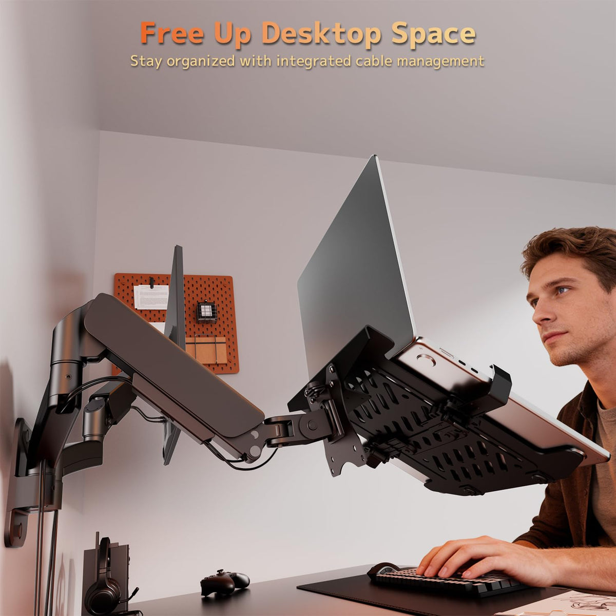 PUTORSEN full-motion arms extend for ergonomic viewing angles.