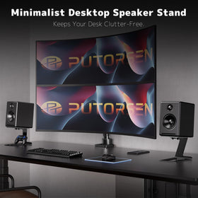 PUTORSEN space-saving desk design frees surface space underneath speakers.
