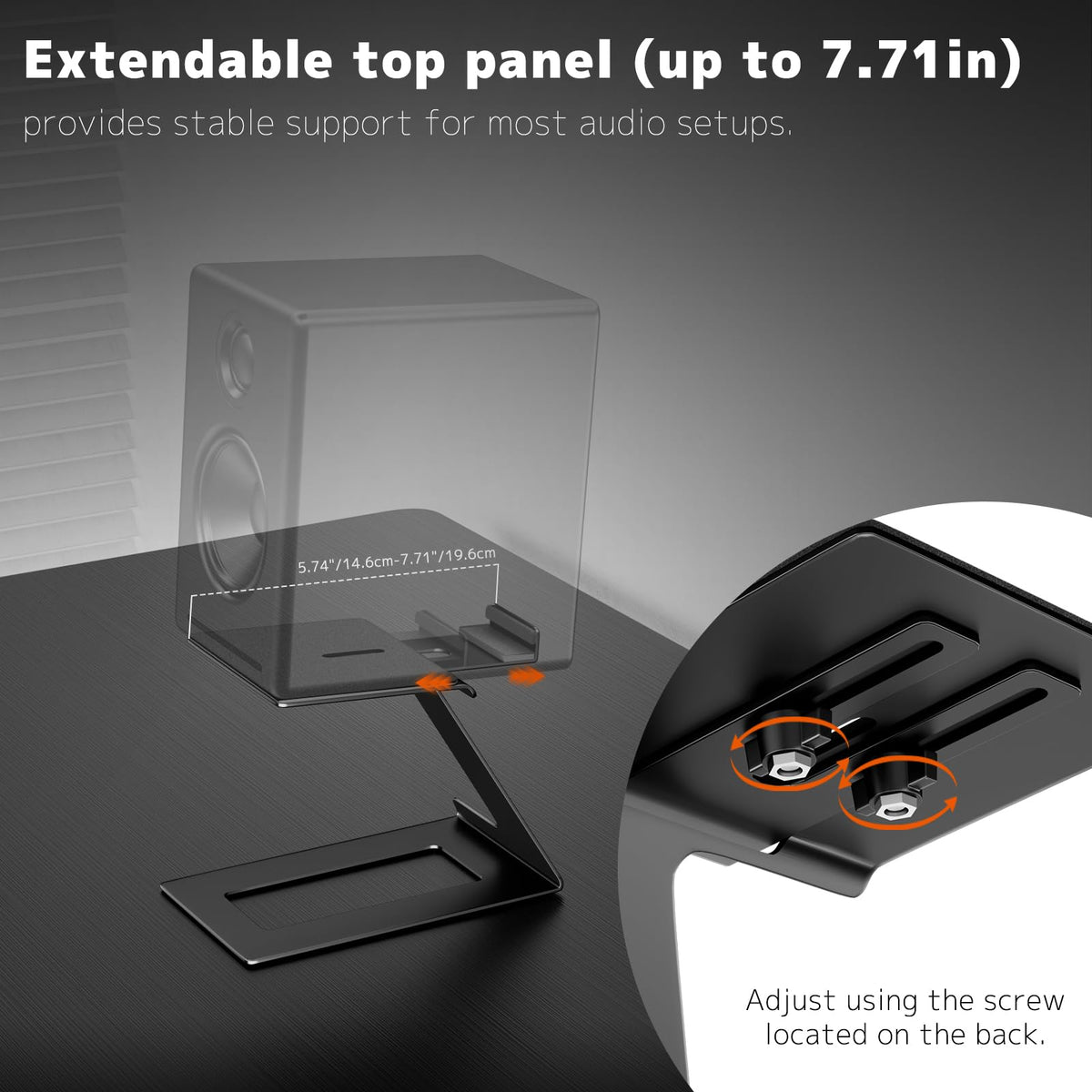PUTORSEN desk speaker stand depth-adjustable 140-190mm for versatile speaker fit.