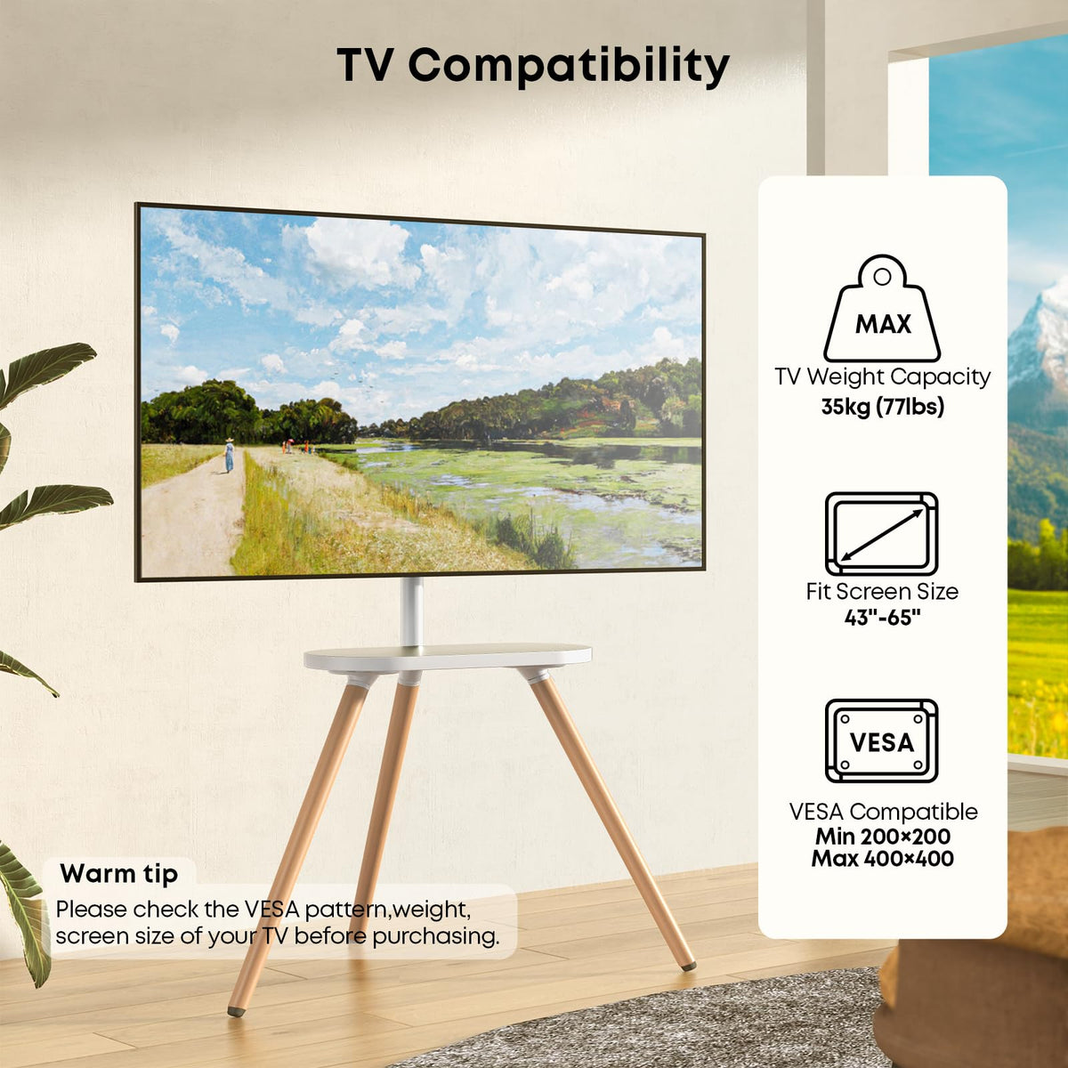 PUTORSEN Easel TV Stand side angle showing sturdy wood and metal construction
