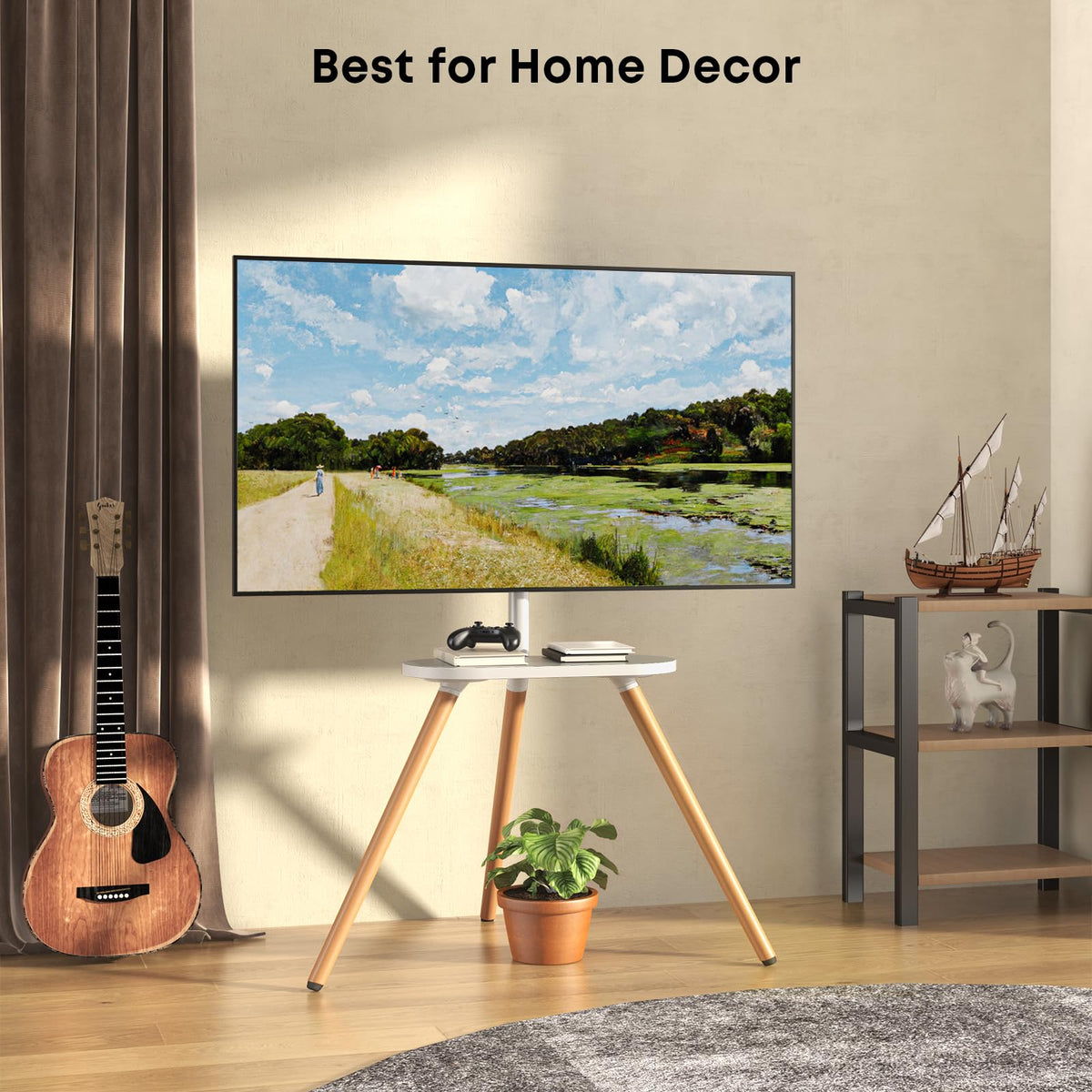 PUTORSEN Easel TV Stand wooden shelf detail highlights extra storage space