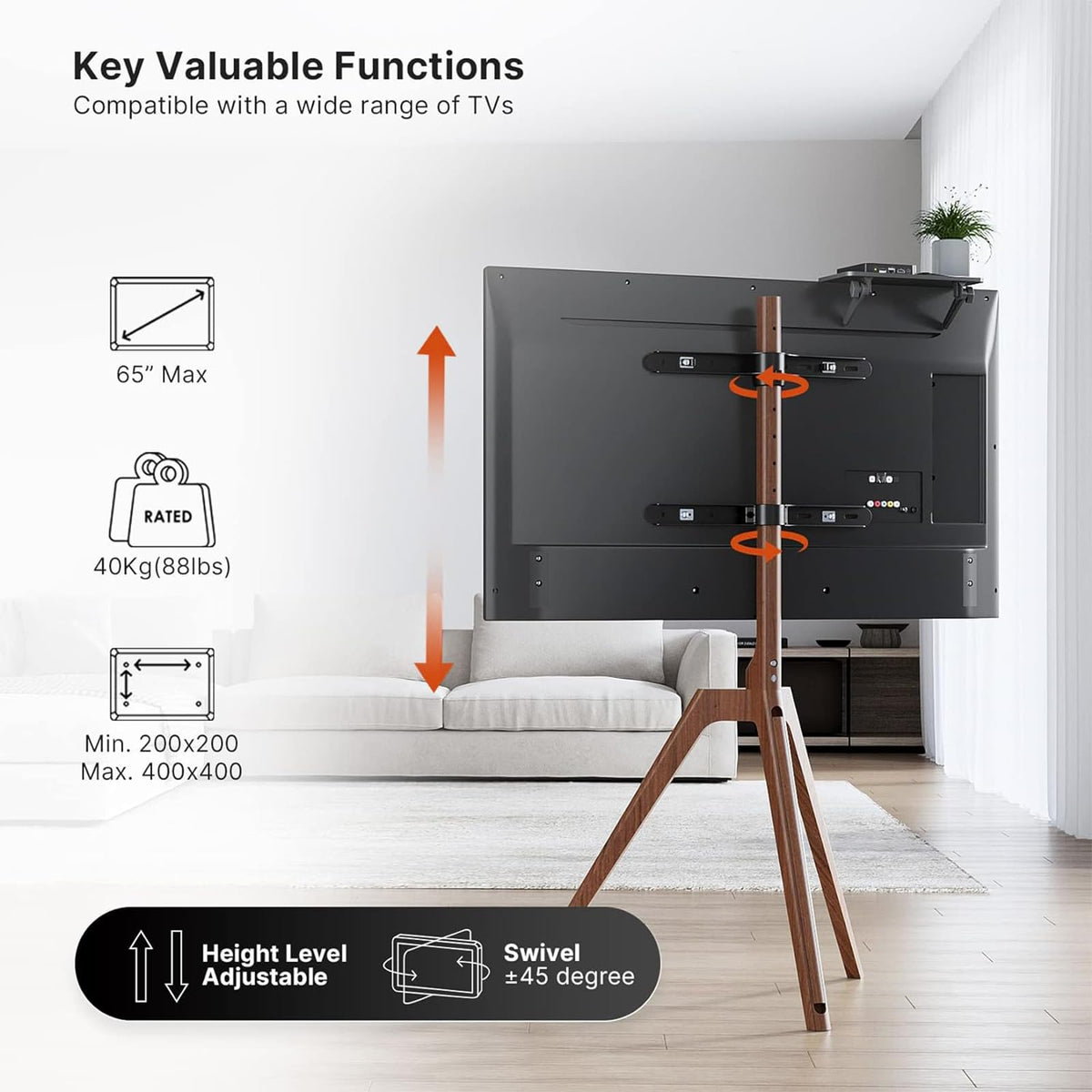 Putorsen swivel and height adjustment offers flexible viewing from sofa to bed
