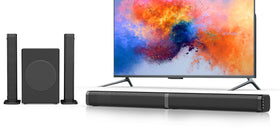 Puxinat front view of soundbar and subwoofer showing sleek look and powerful bass
