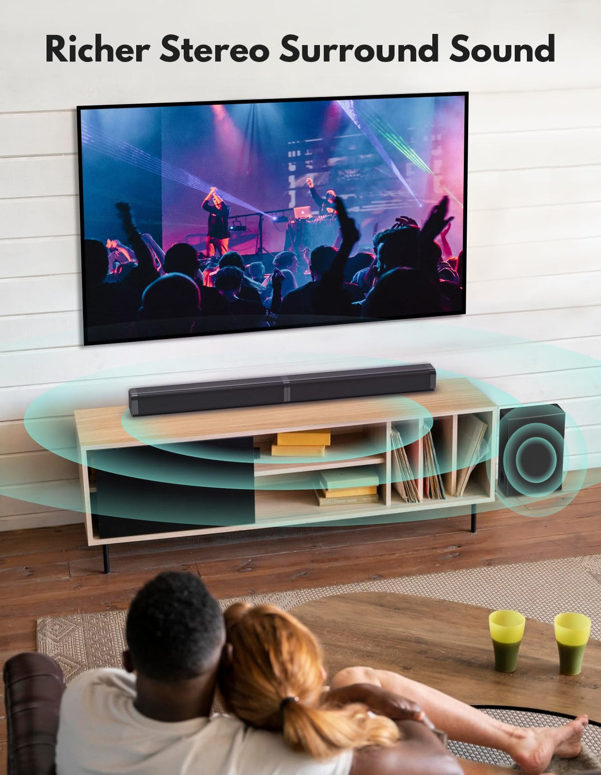 Puxinat soundbar wall-mounted in living room enhancing TV audio and saving space