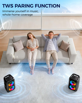 Two PWBSLAI speakers paired in TWS mode, delivering immersive stereo sound