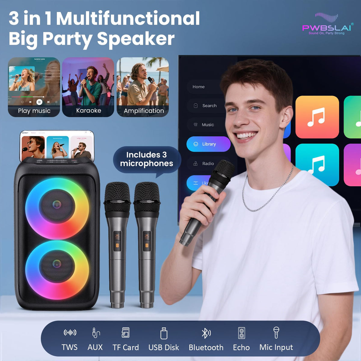 PWBSLAI wireless mics included for immediate karaoke moments.
