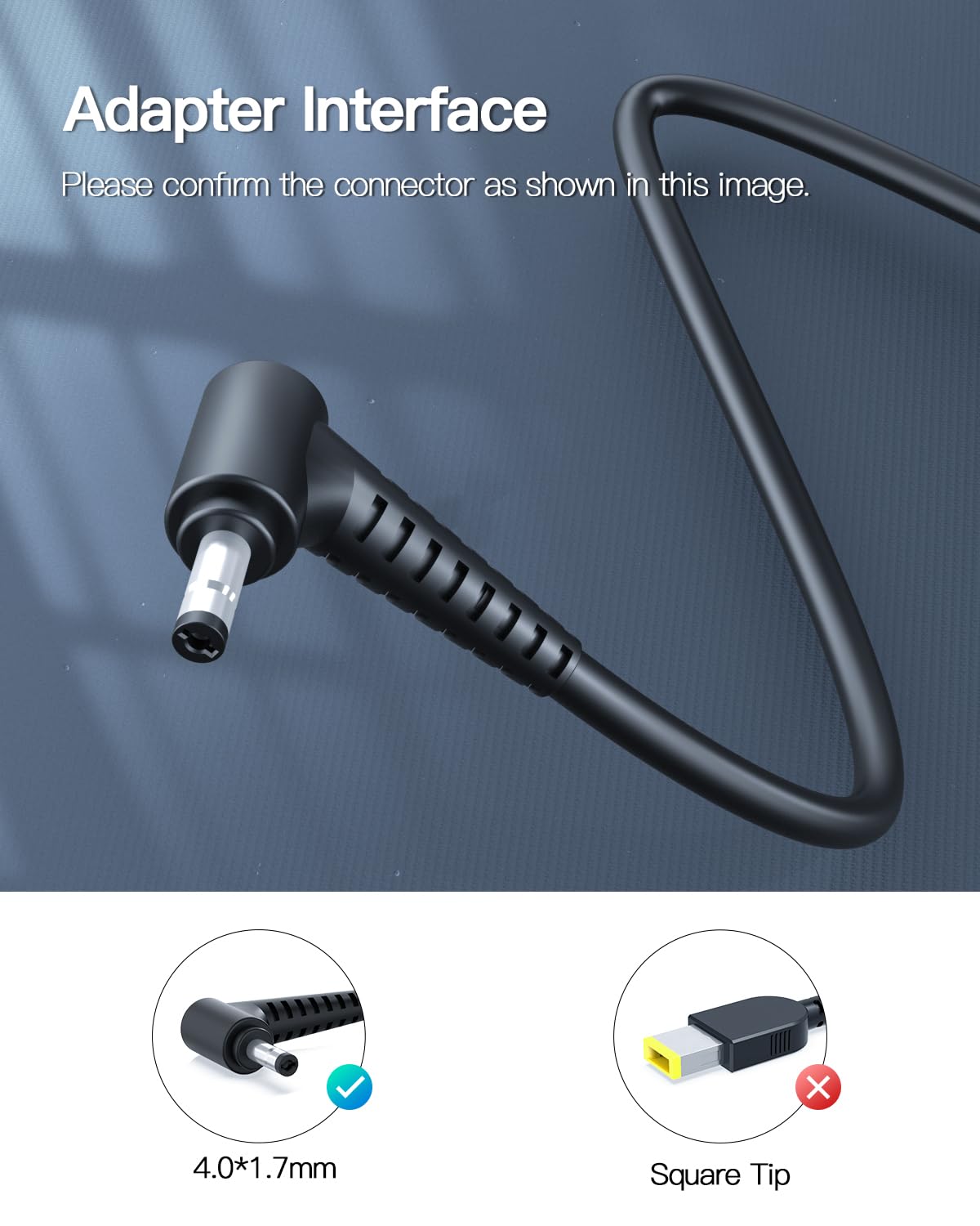 Pwept connector closeup displaying round-tip fit for Lenovo models