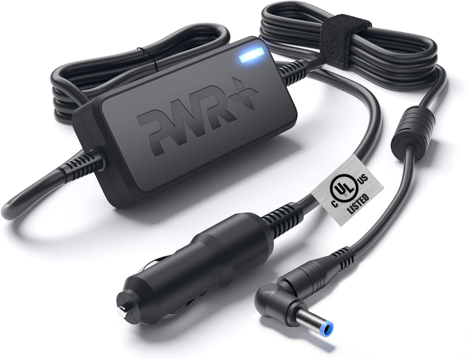PWR+ front packaging showing charger and 10 ft cord for convenient in-car use