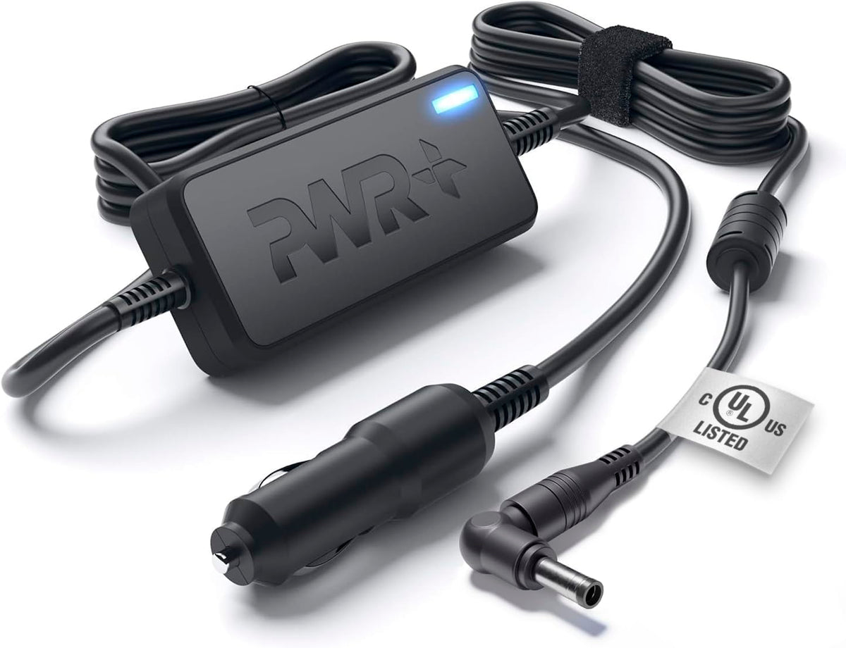 PWR+ front view of car charger showing compact housing and plug benefit safety