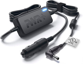 PWR+ front view of car charger showing compact housing and plug benefit safety
