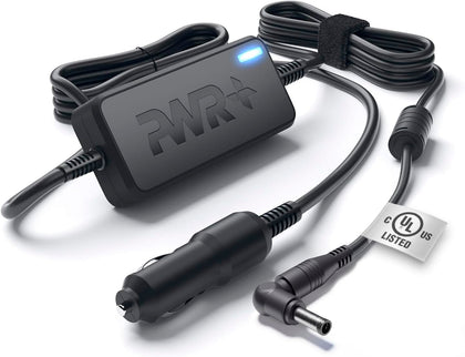 PWR+ front view of car charger showing compact housing and plug benefit safety