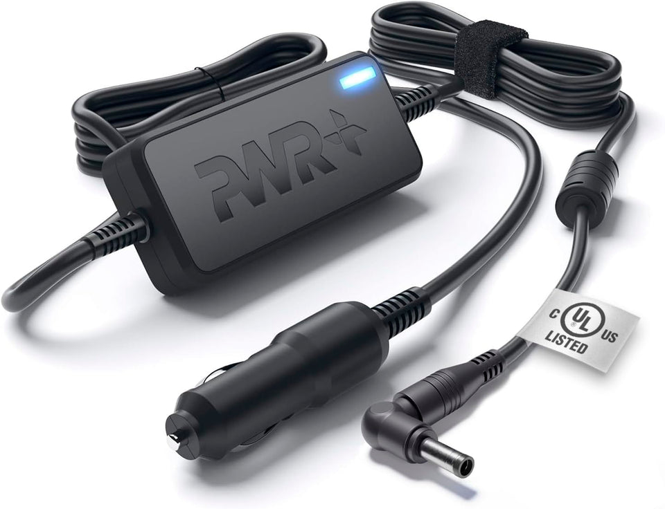 PWR+ front view of car charger showing compact housing and plug benefit safety