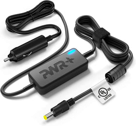 PWR+ front view car charger showing durable housing and DC output, reliable power