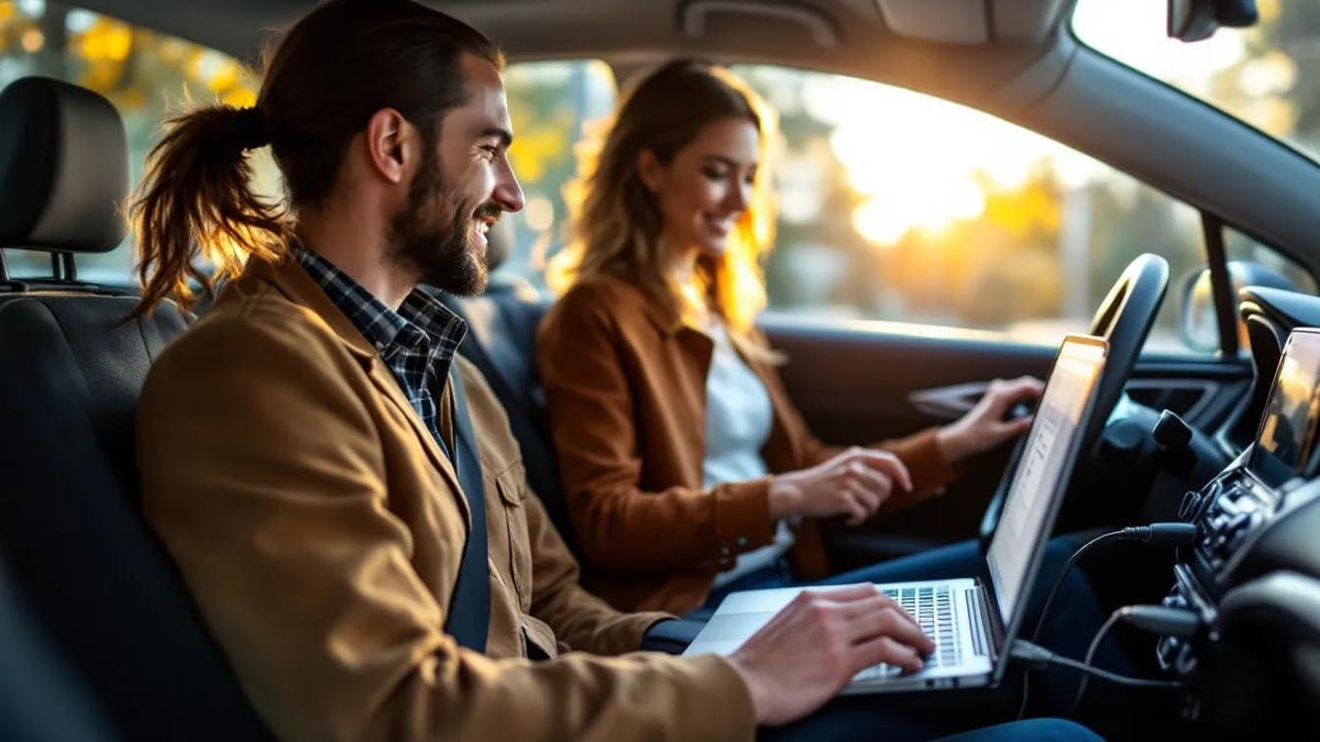 PWR+ in use with laptop on car center console providing on-the-road power