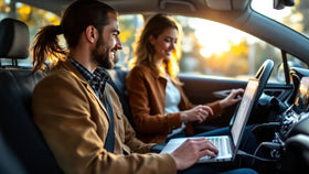 PWR+ in use with laptop on car center console providing on-the-road power