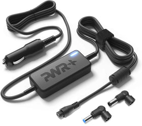 PWR+ charger plugged into vehicle console powering a laptop during travel