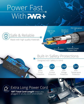 PWR+ long 10 ft power cord detail for flexible in-vehicle placement