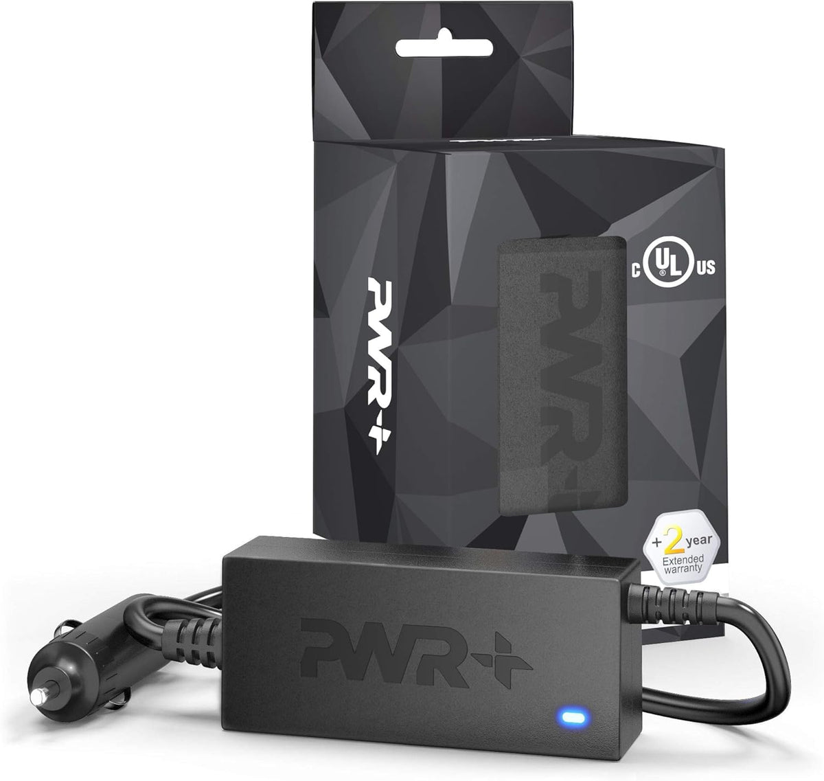 PWR+ adapter top label displaying voltage ratings and UL listing for safety