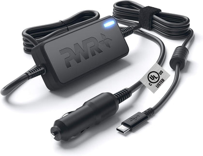 PWR+ front view of USB-C car charger showing compact housing and benefit of portable power