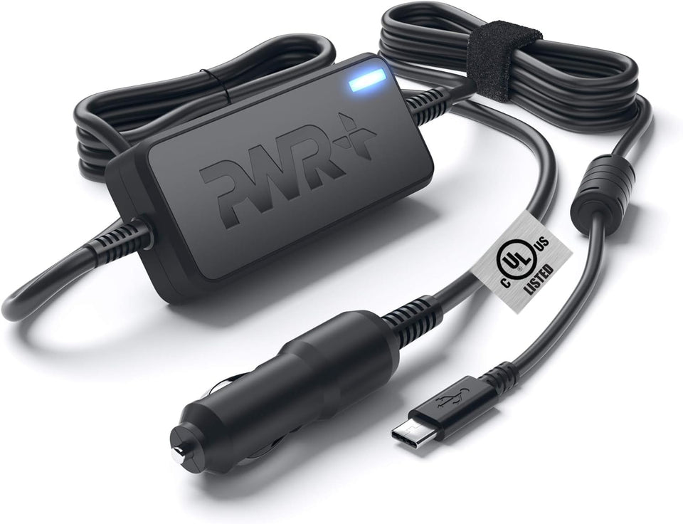 PWR+ front view of USB-C car charger showing compact housing and benefit of portable power