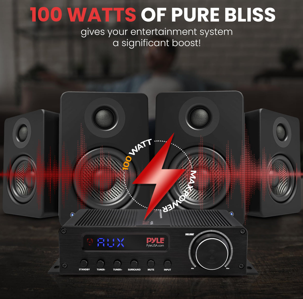 Pyle amplifier with Bluetooth streaming for wireless music from mobile devices.