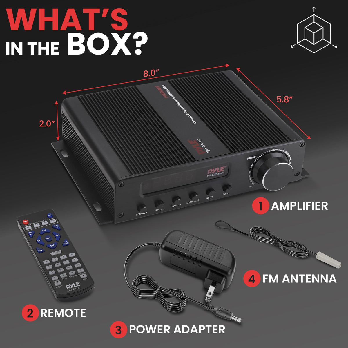 Pyle compact 5-channel amplifier fits neatly on a shelf.