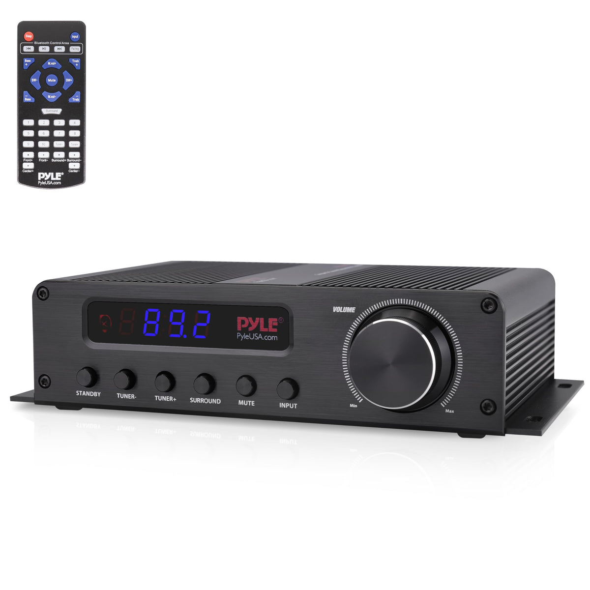Pyle 100W 5-channel amplifier front panel controls for easy tuning and quick access.