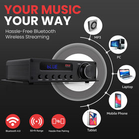 Pyle amplifier HDMI inputs and outputs for video and audio pass-through.
