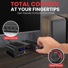 Pyle 5-channel amp with subwoofer output for deep bass in home theater.