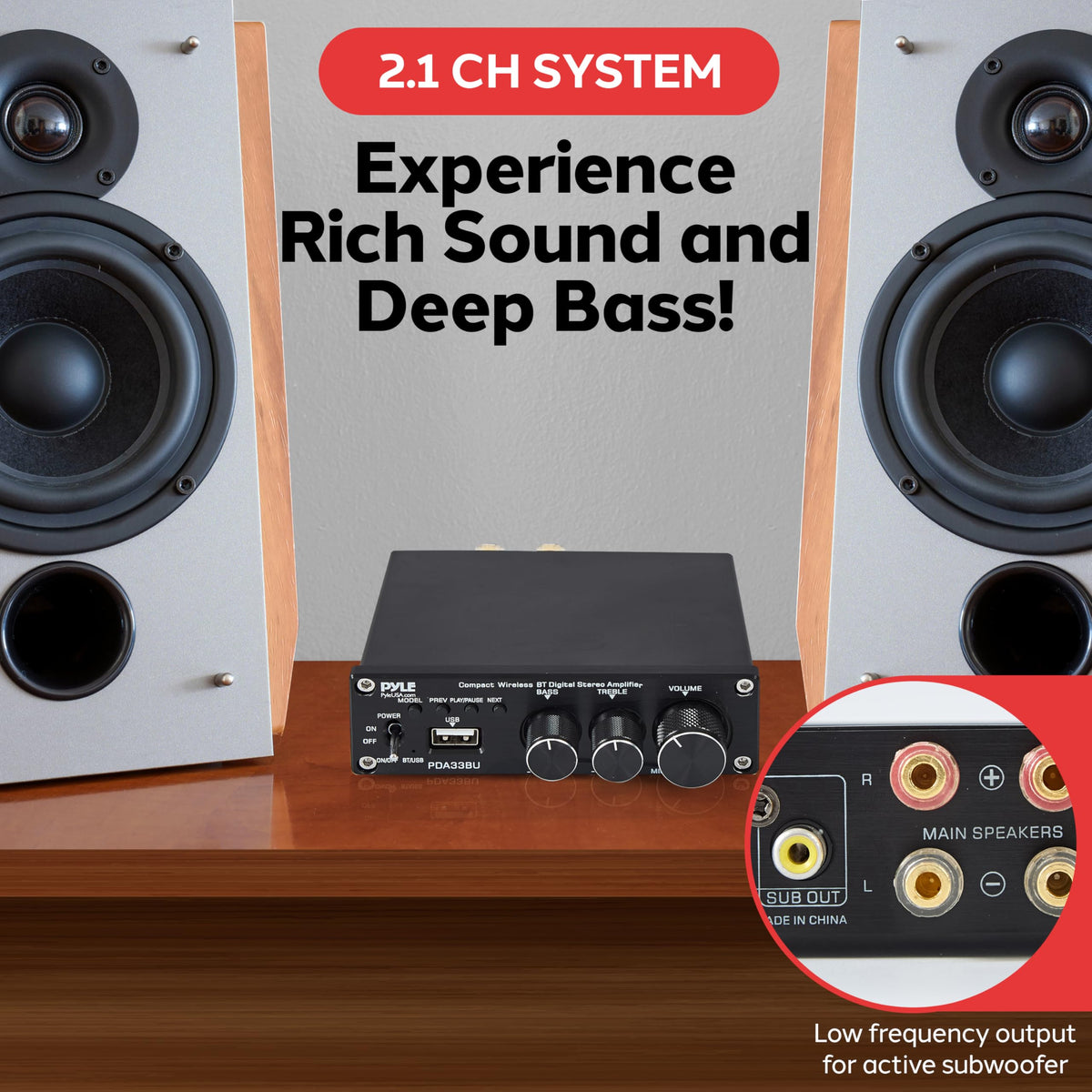 Pyle 2.1 CH amplifier bass and treble controls for personalized sound.