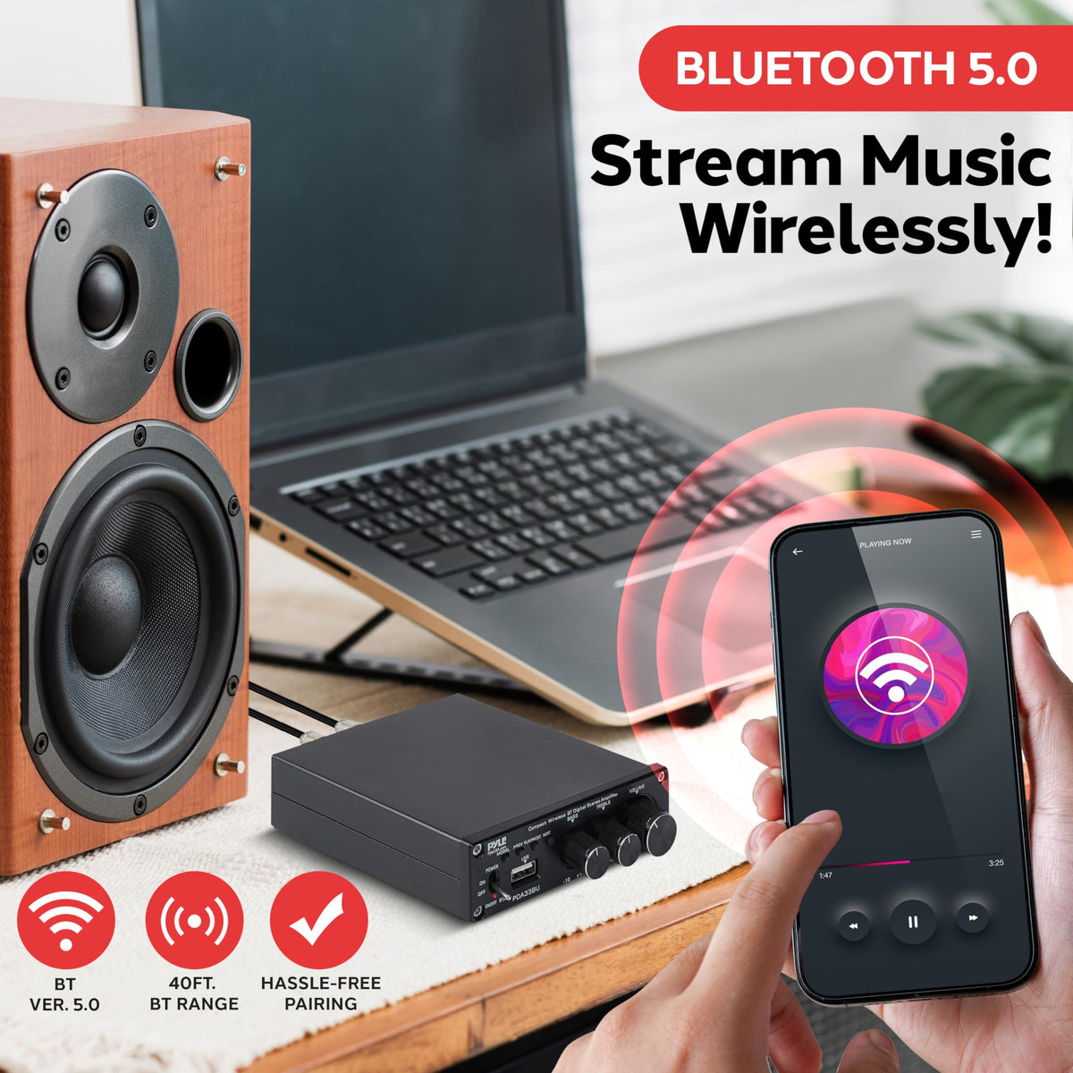 Pyle 2.1 CH amplifier Bluetooth 5.0 for wireless streaming from phones and tablets.